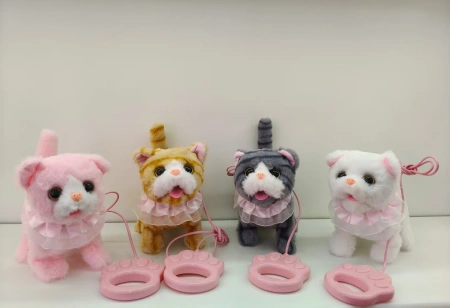 Four plush cat toys with pink lace collars, equipped with claw-shaped drawstrings and control handles Four plush cat toys with pink lace collars, equipped with claw-shaped drawstrings and control handles